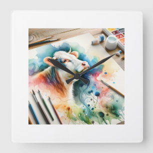 Cow in a Serene Meadow 160724AREF228 - Watercolor Square Wall Clock