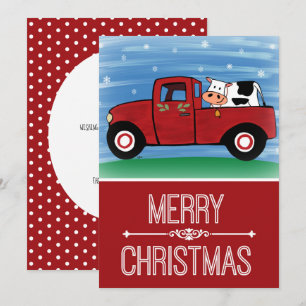 Cow in Festive Red Truck Flat Christmas Card