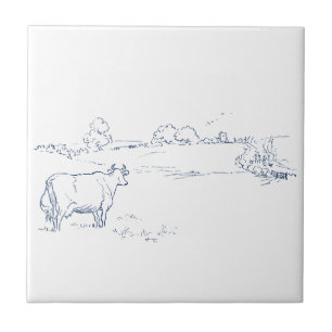 Cow in Field - Minimal Country Scene Minimalist Tile
