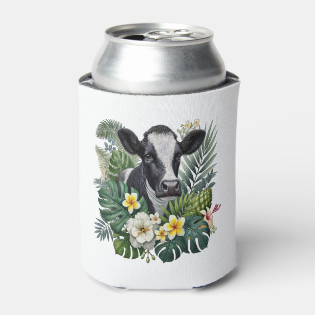 Cow in Floral Jungle Png, Tropical Cow Can Cooler (Can Front)