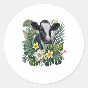Cow in Floral Jungle Png, Tropical Cow Classic Round Sticker