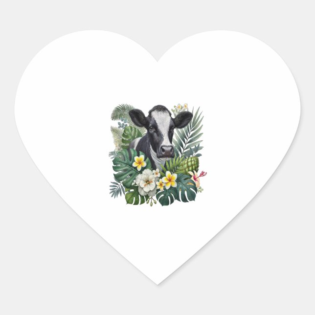 Cow in Floral Jungle Png, Tropical Cow Heart Sticker (Front)