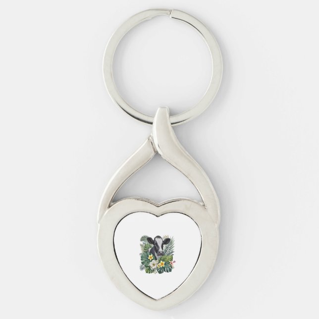 Cow in Floral Jungle Png, Tropical Cow Keychain (Front)
