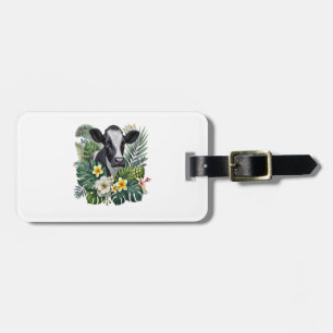 Cow in Floral Jungle Png, Tropical Cow Luggage Tag