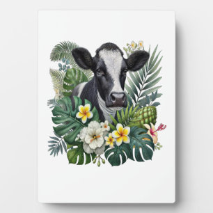 Cow in Floral Jungle Png, Tropical Cow Plaque