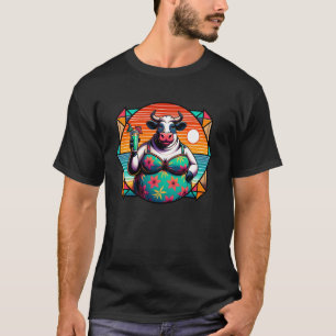 Cow In Floral Swimsuit With Tropical Drink And Sun T-Shirt