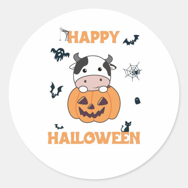 Cow In Pumpkin Cute Cows Happy Halloween Classic Round Sticker (Front)