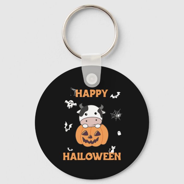 Cow In Pumpkin Cute Cows Happy Halloween Keychain (Front)