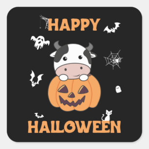 Cow In Pumpkin Cute Cows Happy Halloween Square St Sticker