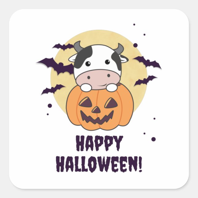 Cow In Pumpkin Cute Cows Happy Halloween Square Sticker (Front)