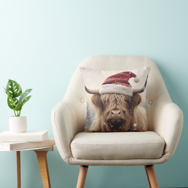 Cow in Santa Hat Christmas Holiday Throw Pillow (Chair)
