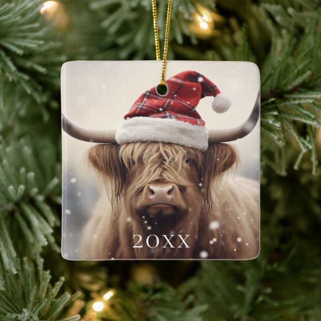 Cow in Santa Hat Personalized Christmas Holiday Ceramic Ornament (Tree)