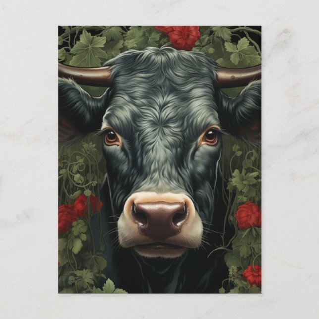 Cow in the Red Flowers Postcard (Front)