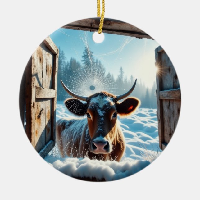 Cow in the Snow Ceramic Ornament (Front)
