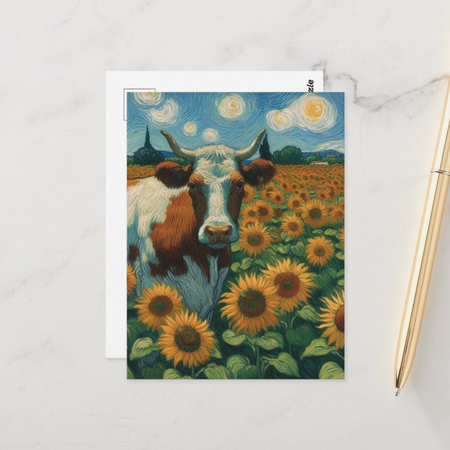 Cow in the Van Gogh Sunflowers Postcard (Front/Back In Situ)
