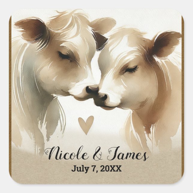 Cow Love Brown Cream Country Wedding Square Sticker (Front)