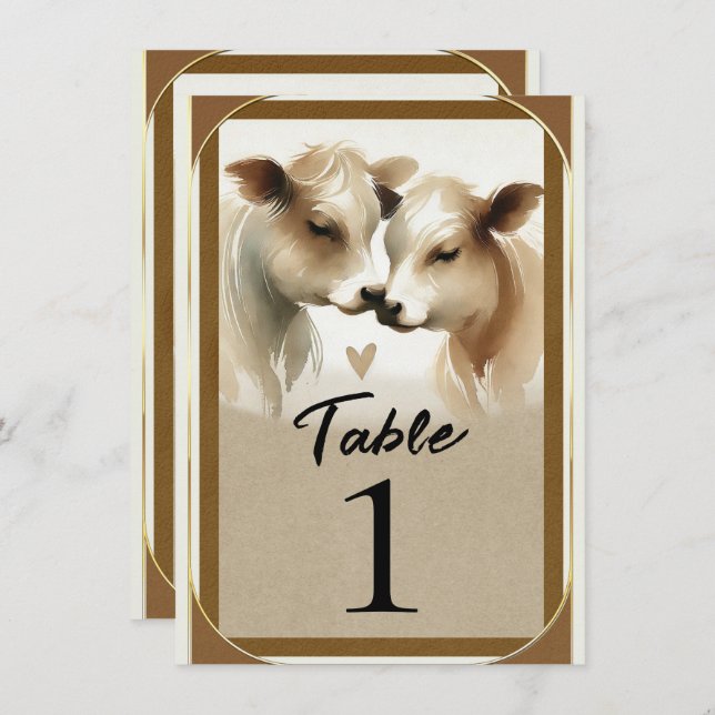 Cow Love Brown Cream Country Wedding Table Number (Front/Back)