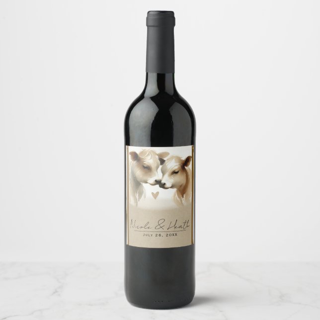 Cow Love Brown Cream Country Wedding Wine Label (Front)