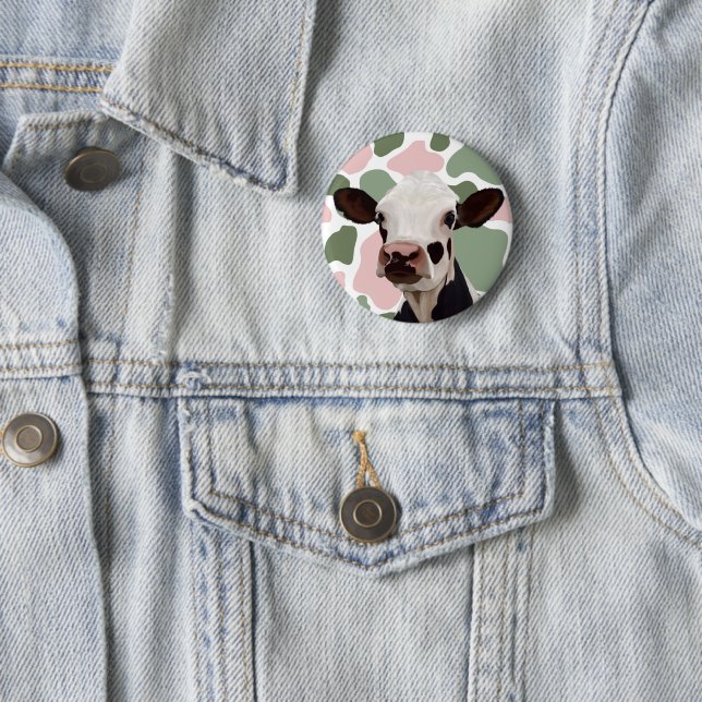 Cow Lovers Sage Green and Pink Cow Print 2 Inch Round Button (In Situ)