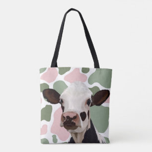 Cow Lovers Sage Green and Pink Cow Print Tote Bag