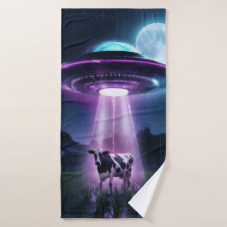 Cow meets aliens. bath towel