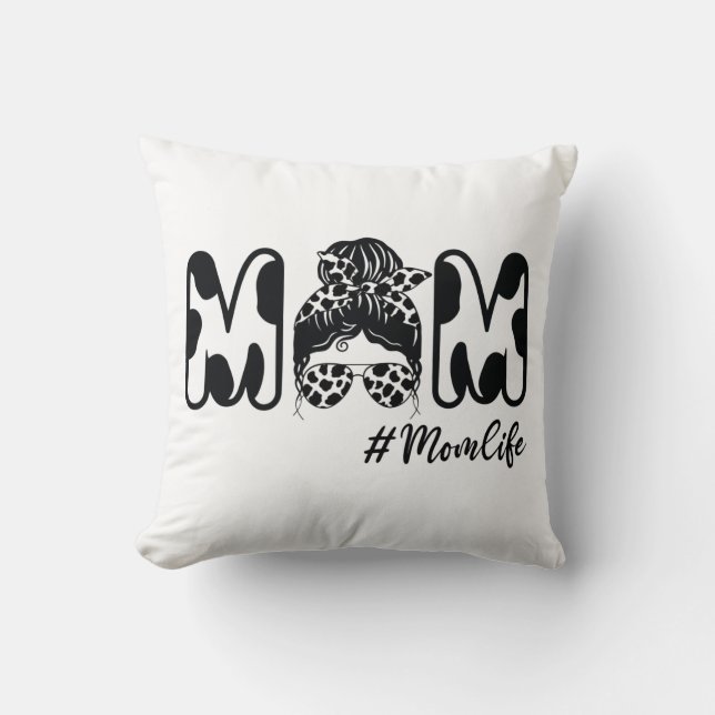 Cow Mom Life Messy Bun Mama Cow Birthday Farmer Throw Pillow (Front)