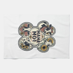 Cow Mom Shirt Vintage Engraving Sunflower Western Kitchen Towel