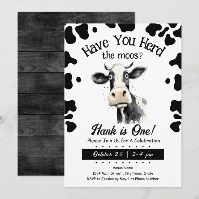  Cow Moos 1st Birthday Watercolor Invitation (Front/Back)