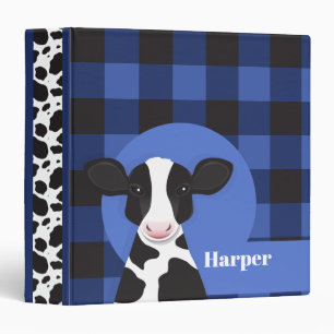 Cow Name Blue Plaid Animal Pattern 3 Ring Binder