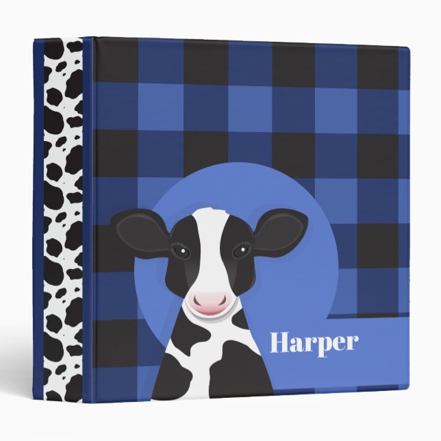 Cow Name Blue Plaid Animal Pattern 3 Ring Binder (Front/Spine)