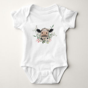 cow nose kiss flowers watercolor grey farm animal baby bodysuit