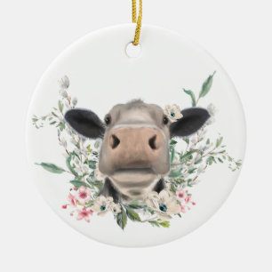 cow nose kiss flowers watercolor grey farm animal ceramic ornament