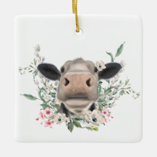 cow nose kiss flowers watercolor grey farm animal ceramic ornament