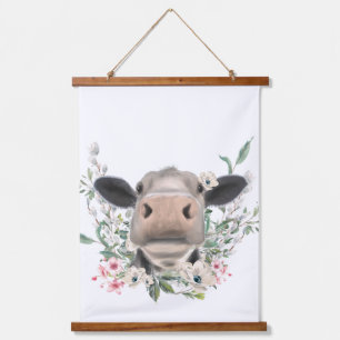 cow nose kiss flowers watercolor grey farm animal hanging tapestry