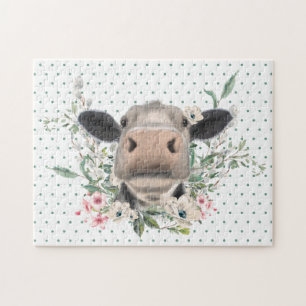 cow nose kiss flowers watercolor grey farm animal jigsaw puzzle