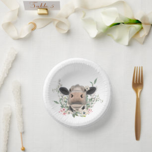 cow nose kiss flowers watercolor grey farm animal paper plate