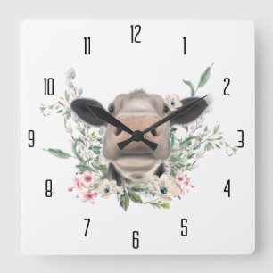 cow nose kiss flowers watercolor grey farm animal square wall clock