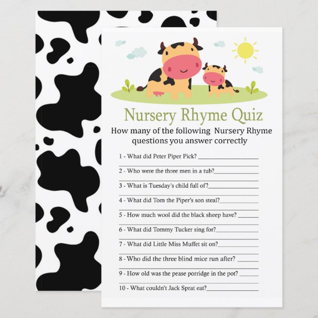 Cow Nursery Rhyme Quiz baby shower game (Front/Back)