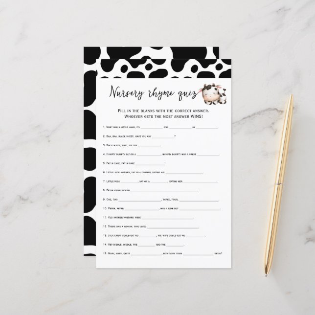 cow nursery rhymes quiz baby shower game (Front/Back In Situ)