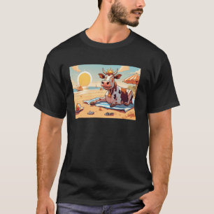 Cow On Beach Relaxing For Children Suntanning Anim T-Shirt