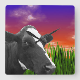 Cow On Grass & Vivid Sunset Sky Square Wall Clock
