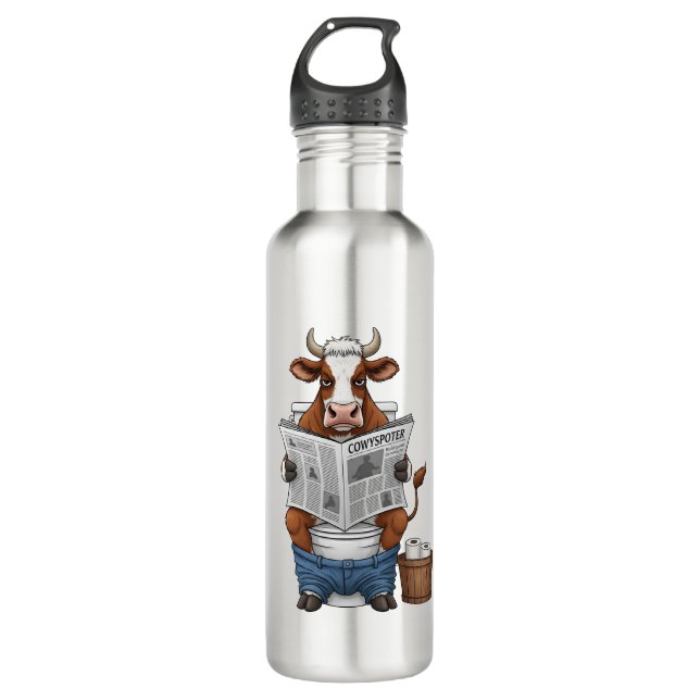 Cow on Toilet , Funny Farm Animal 710 Ml Water Bottle (Front)