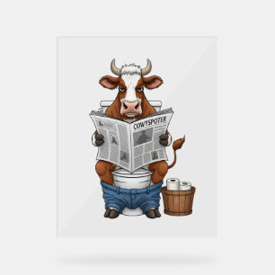 Cow on Toilet , Funny Farm Animal Acrylic Sign