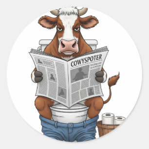 Cow on Toilet , Funny Farm Animal Classic Round Sticker