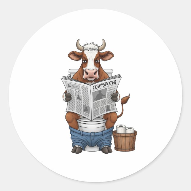 Cow on Toilet PNG, Funny Farm Animal Classic Round Sticker (Front)