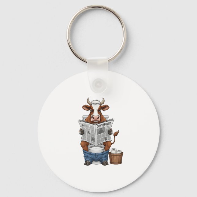 Cow on Toilet PNG, Funny Farm Animal Keychain (Front)