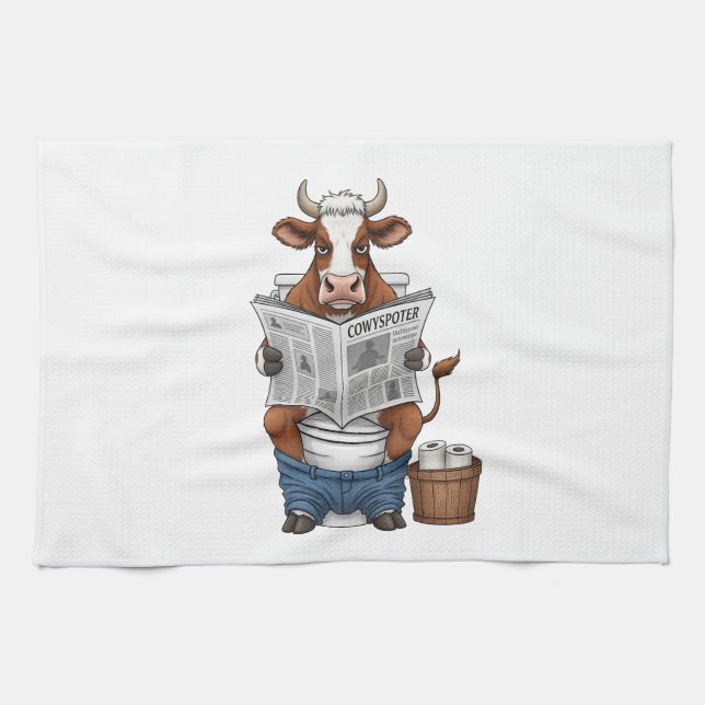 Cow on Toilet PNG, Funny Farm Animal Kitchen Towel (Horizontal)
