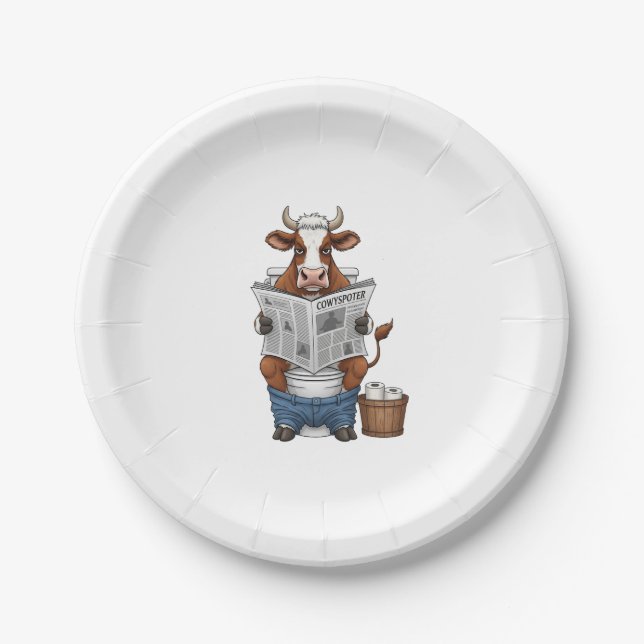 Cow on Toilet PNG, Funny Farm Animal Paper Plate (Front)