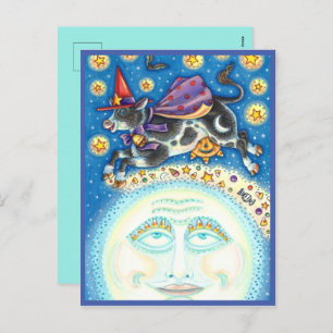 COW OVER THE MAN IN THE MOON, COLORFUL WHIMSY HOLIDAY POSTCARD