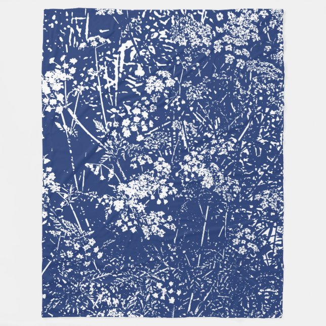 Cow Parsley Cyanotype Style Fleece Blanket (Front)